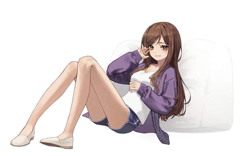 1girl absurdres bare_legs blue_shorts brown_eyes brown_hair cardigan commentary commission cushion dolphin_shorts full_body highres legs long_hair long_sleeves looking_at_viewer original parted_lips purple_cardigan reclining shirt shorts simple_background slippers smile solo white_background white_footwear white_shirt yoon_cook