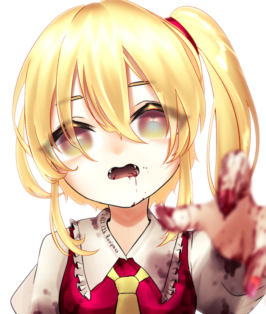 1girl artist_request ascot bangs blonde_hair blood blood_from_mouth blood_on_face blurry blurry_foreground blush crystal depth_of_field flandre_scarlet frilled_shirt_collar frills hair_between_eyes highres looking_at_viewer no_hat no_headwear one_eye_closed one_side_up red_eyes red_nails red_vest shirt short_sleeves side_ponytail solo tongue tongue_out touhou vest white_background wings