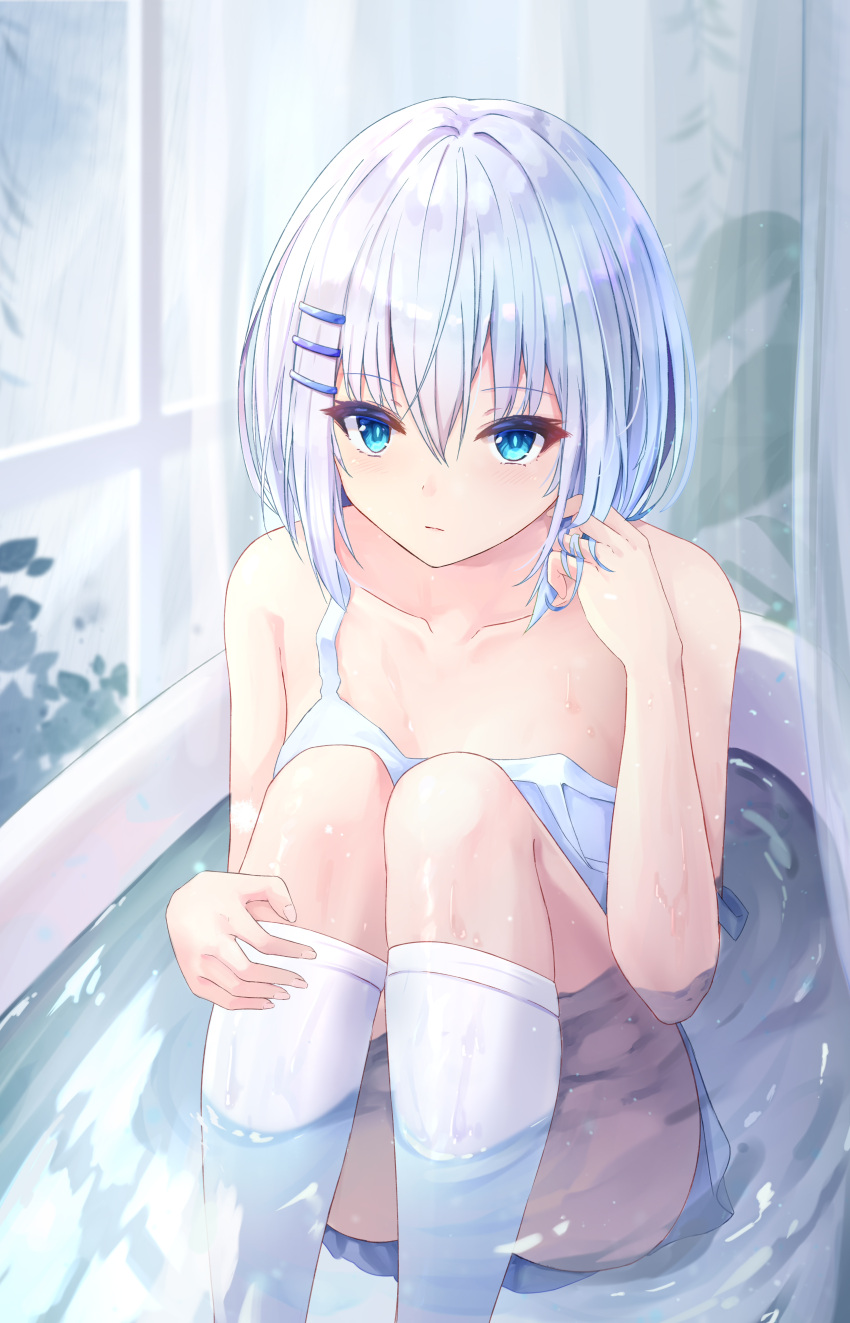 1girl absurdres ass bare_shoulders bathing blue_eyes blush clothed_bath convenient_leg date_a_live dress expressionless hair_ornament hairclip hand_on_leg hand_up highres holding holding_hair indoors kneehighs knees_up legs legs_together looking_at_viewer medium_hair silver_hair sleeveless sleeveless_dress solo strap_slip tank_top thighs tobiichi_origami tobiichi_origami_(pixiv31950946) wet wet_clothes wet_dress white_dress white_legwear white_tank_top