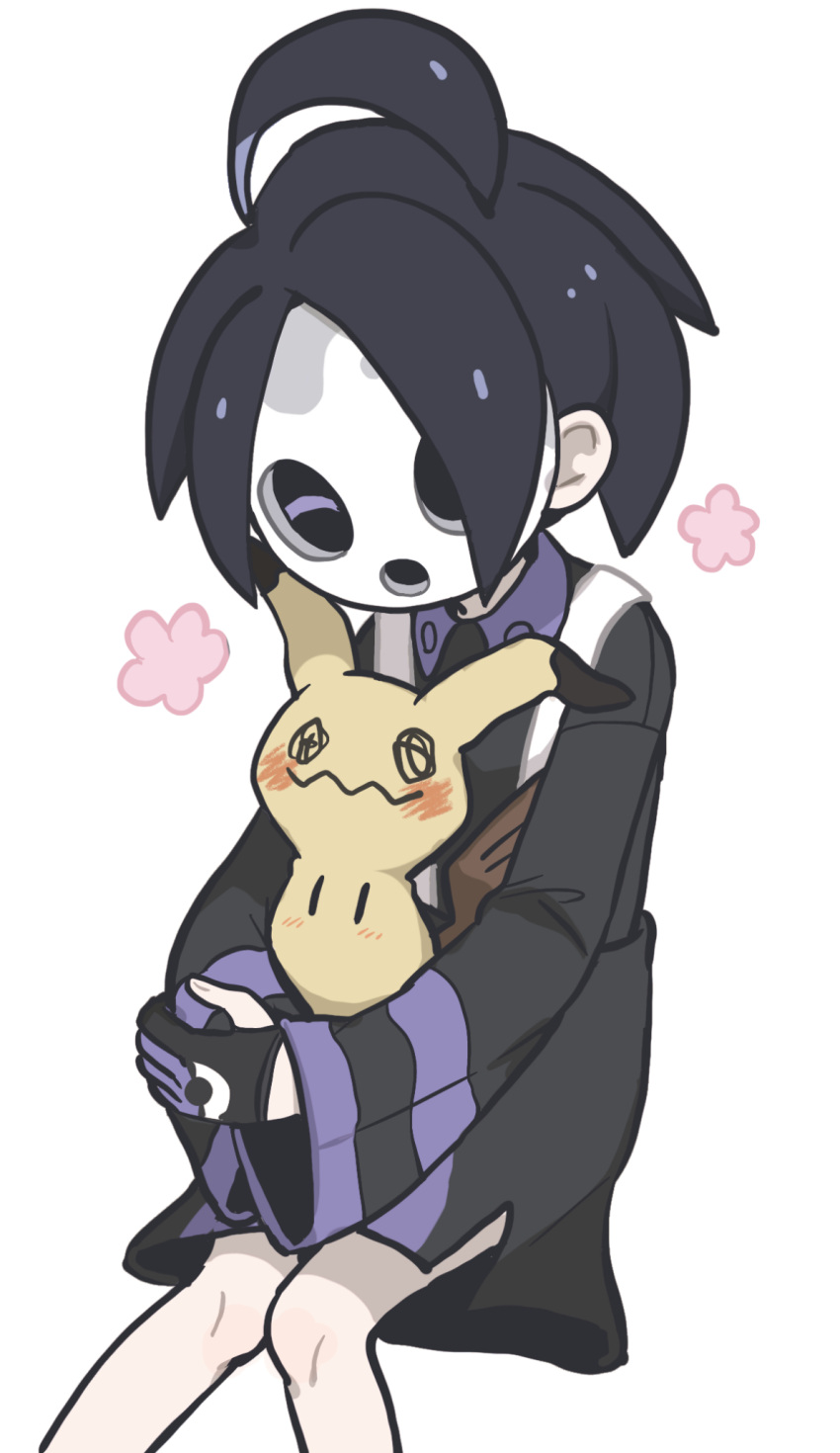 1boy ahoge allister_(pokemon) black_hair black_shirt black_shorts closed_eyes collared_shirt gloves highres himawari_(kawaisounaedesu) holding holding_pokemon knees knees_together_feet_apart long_sleeves male_focus mask mimikyu partially_fingerless_gloves pokemon pokemon_(creature) pokemon_(game) pokemon_swsh shirt short_hair shorts side_slit side_slit_shorts simple_background suspender_shorts suspenders white_background