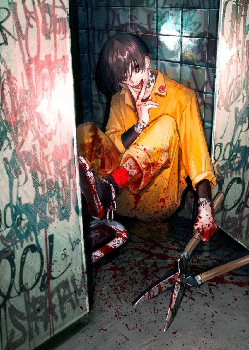 1boy arm_tattoo badge bathroom blood blood_on_clothes blood_splatter brown_hair button_badge dark ear_piercing earrings graffiti grin highres horror_(theme) jewelry jumpsuit leg_up male_focus neck_tattoo one_eye_covered original piercing rit3set shears shoes short_hair sitting smile sneakers socks solo squat_toilet tattoo tongue tongue_out undershirt v_over_mouth violet_eyes