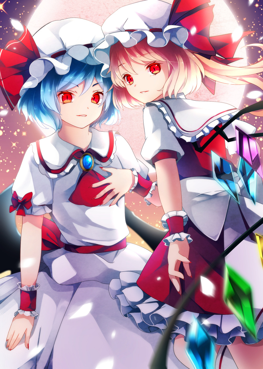 2girls absurdres aru16 ascot bat_wings blonde_hair blue_hair bow brooch collared_shirt commentary cowboy_shot crystal dress eyebrows_visible_through_hair fingernails flandre_scarlet frilled_shirt_collar frilled_skirt frilled_sleeves frills full_moon hair_between_eyes hand_on_own_chest hat hat_ribbon highres jewelry long_hair looking_at_viewer mob_cap moon multiple_girls nail_polish parted_lips ponytail puffy_short_sleeves puffy_sleeves red_ascot red_bow red_eyes red_nails red_ribbon red_skirt red_vest remilia_scarlet ribbon sharp_fingernails shirt short_hair short_sleeves siblings sisters skirt skirt_set slit_pupils sparkle touhou vest waist_bow white_bow white_dress white_headwear white_shirt wings wrist_cuffs