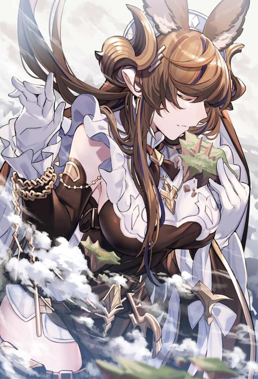 1girl animal_ear_fluff animal_ears bangs black_dress black_sleeves breasts brown_hair closed_eyes commentary_request cowboy_shot detached_sleeves dress extra_ears floating_island frilled_sleeves frills galleon_(granblue_fantasy) gloves gold_trim granblue_fantasy grey_background highres hizuki_miya large_breasts long_hair outdoors pointy_ears solo very_long_hair white_gloves