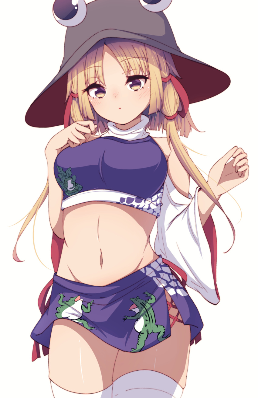 1girl animal_print bangs bare_shoulders blonde_hair blush breasts brown_headwear darumoon eyebrows_visible_through_hair frog_print hair_ribbon hand_on_own_chest hands_up hat highres long_sleeves looking_at_viewer medium_breasts microskirt moriya_suwako navel off-shoulder_shirt off_shoulder open_mouth parted_bangs purple_skirt purple_vest red_ribbon ribbon shirt short_hair short_hair_with_long_locks sidelocks simple_background skirt solo standing stomach thigh-highs touhou tress_ribbon vest white_background white_legwear white_shirt wide_sleeves yellow_eyes