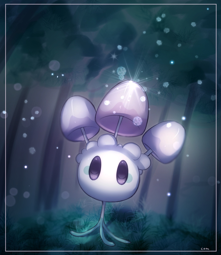 blurry commentary_request forest framed full_body highres komugi_(com_mnya) morelull nature night no_humans one-hour_drawing_challenge outdoors pokemon pokemon_(creature) signature solo sparkle tree violet_eyes