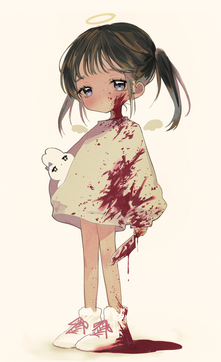 1girl absurdres angel angel_wings bangs bare_legs blood blood_on_clothes blood_on_face blood_on_knife blood_splatter blush brown_hair child closed_mouth detached_wings expressionless film_grain full_body grey_eyes halo highres holding holding_knife ishita_umi knife long_sleeves looking_at_viewer medium_hair mini_wings original puddle rabbit shirt shoelaces shoes simple_background solo standing twintails white_background white_footwear wings yellow_shirt