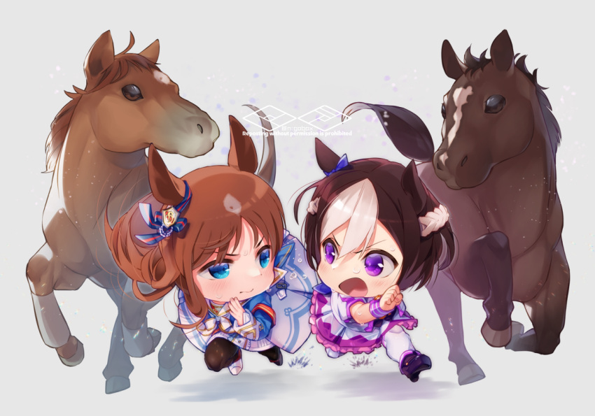 2girls animal animal_ears blue_eyes brown_hair character_request chibi commentary_request ear_ribbon grey_background horse horse_ears horse_girl horse_tail long_hair looking_at_another multicolored_hair multiple_girls n:go open_mouth ribbon rivalry running short_hair simple_background special_week_(racehorse) special_week_(umamusume) streaked_hair tail umamusume violet_eyes white_hair