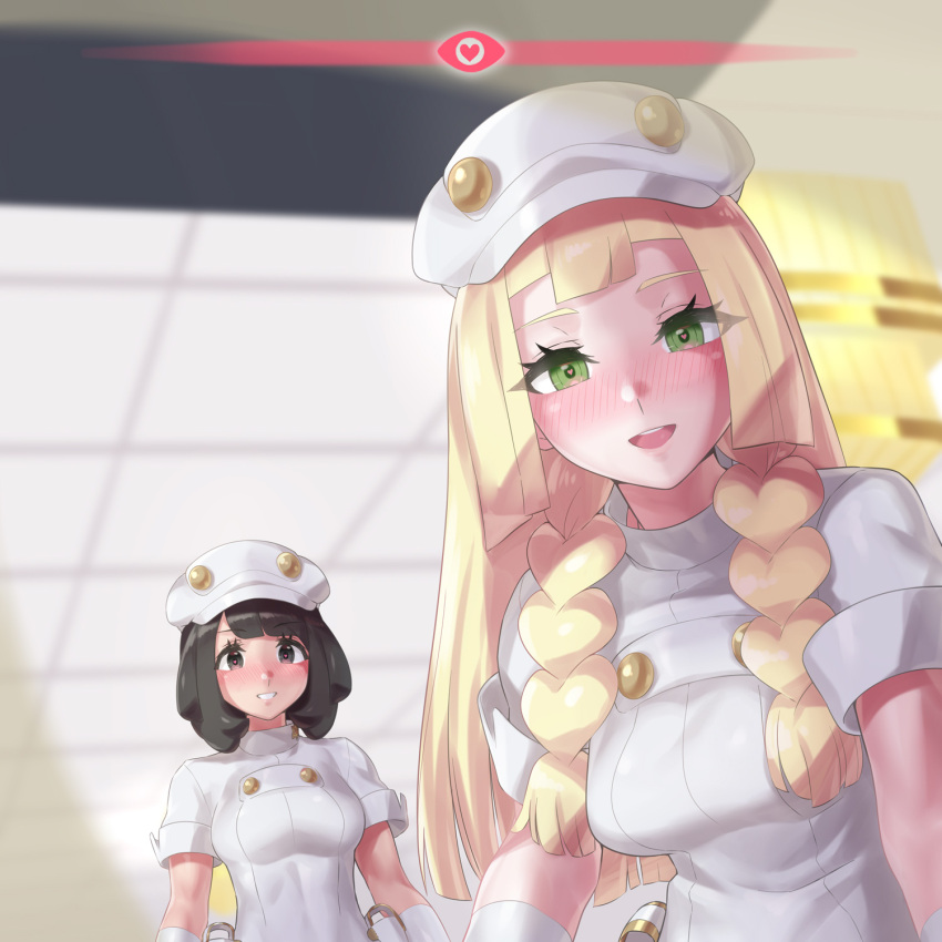 2girls aether_foundation_employee aether_foundation_employee_(cosplay) aether_foundation_uniform bangs black_eyes black_hair blonde_hair blunt_bangs blush braid cabbie_hat cosplay green_eyes grin hat heart heart-shaped_pupils highres hospital ii_desu_ka_ochitsuite_kiite_kudasai_(meme) infirmary jumpsuit lillie_(pokemon) long_hair looking_at_viewer meme metal_gear_(series) metal_gear_solid_v mizuumi_(bb) multiple_girls parody pokemon pokemon_(game) pokemon_sm pouch scene_reference selene_(pokemon) short_hair sleeves_folded_up smile swept_bangs symbol-shaped_pupils twin_braids white_headwear white_jumpsuit