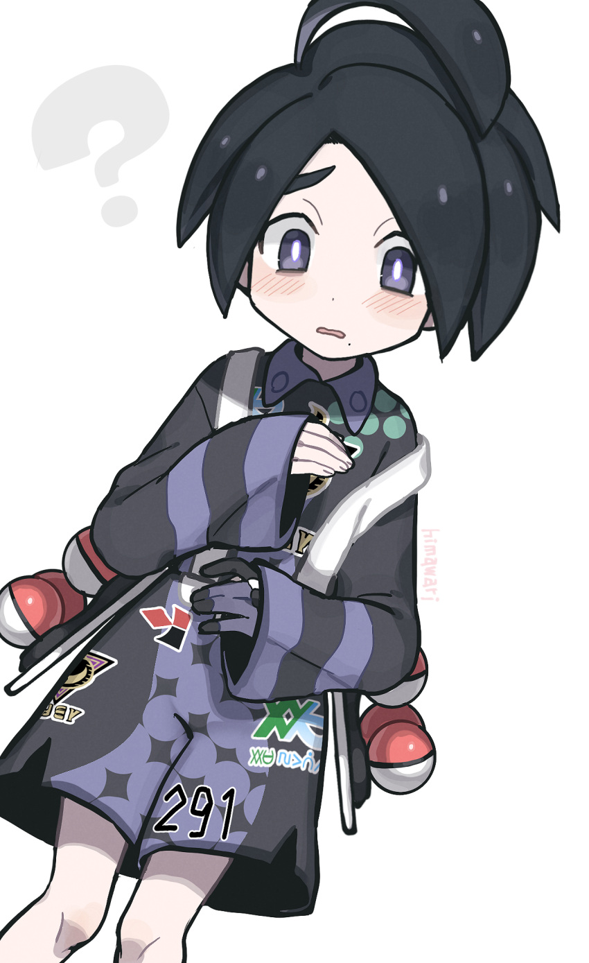 1boy ? ahoge allister_(pokemon) black_hair black_shirt black_shorts blush bright_pupils collared_shirt commentary_request gloves hand_up highres himawari_(kawaisounaedesu) holster long_sleeves male_focus mole mole_under_mouth parted_lips poke_ball poke_ball_(basic) pokemon pokemon_(game) pokemon_swsh shirt short_hair shorts side_slit side_slit_shorts simple_background single_glove solo suspender_shorts suspenders white_background