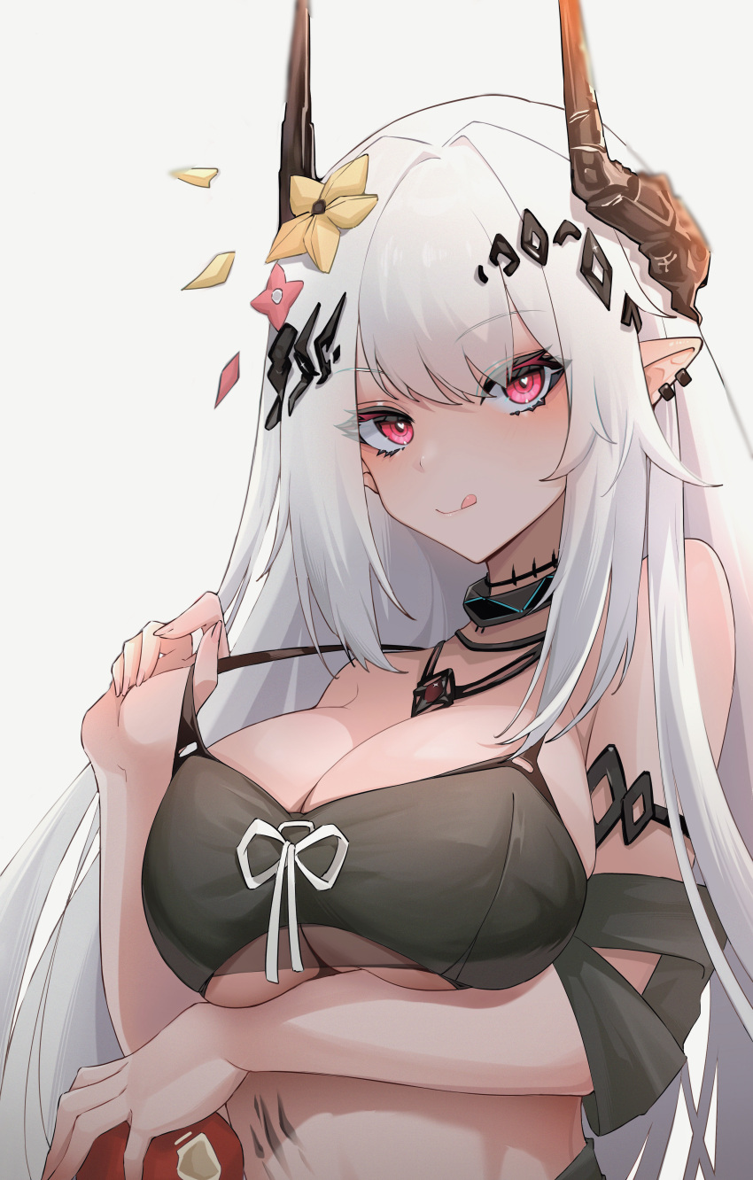 1girl :q absurdres arknights bangs bare_shoulders bikini black_bikini black_choker breasts choker commentary_request eyebrows_visible_through_hair flower grey_background hair_flower hair_ornament hand_up highres horns infection_monitor_(arknights) jewelry juejue large_breasts long_hair looking_at_viewer mudrock_(arknights) mudrock_(silent_night)_(arknights) necklace official_alternate_costume oripathy_lesion_(arknights) pink_eyes pointy_ears silver_hair simple_background smile solo stomach strap_pull swimsuit tongue tongue_out upper_body very_long_hair yellow_flower