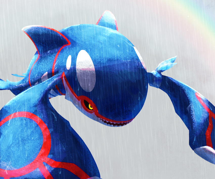 black_sclera colored_sclera commentary_request ewokakukaede grey_background highres kyogre looking_down no_humans open_mouth pokemon pokemon_(creature) rain sharp_teeth solo teeth yellow_eyes