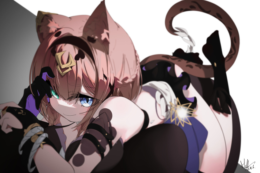 1girl absurdres animal_ears asymmetrical_gloves bare_shoulders black_skirt blue_eyes bracelet bridal_gauntlets cat_ears cat_girl cat_tail closed_mouth dated english_commentary eyebrows_visible_through_hair eyelashes frilled_skirt frills full_body gloves green_eyes hair_ornament hcii_(user_xpgx2238) heterochromia highres honkai_(series) honkai_impact_3rd jewelry legs_up lying miniskirt on_stomach pardofelis_(honkai_impact) shadow sidelocks signature simple_background single_bridal_gauntlet single_glove skirt smile solo tail thighs uneven_gloves