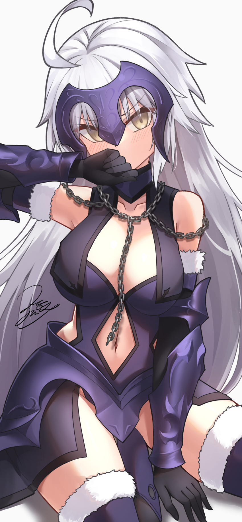 1girl absurdres ahoge armor black_legwear blush breasts chain clothing_cutout elbow_gloves fate/grand_order fate_(series) faulds fur-trimmed_gloves fur-trimmed_legwear fur_trim gloves headpiece highres jeanne_d'arc_alter_(fate) large_breasts long_hair navel navel_cutout silver_hair solo thigh-highs vambraces very_long_hair yellow_eyes z.m._(school913102)