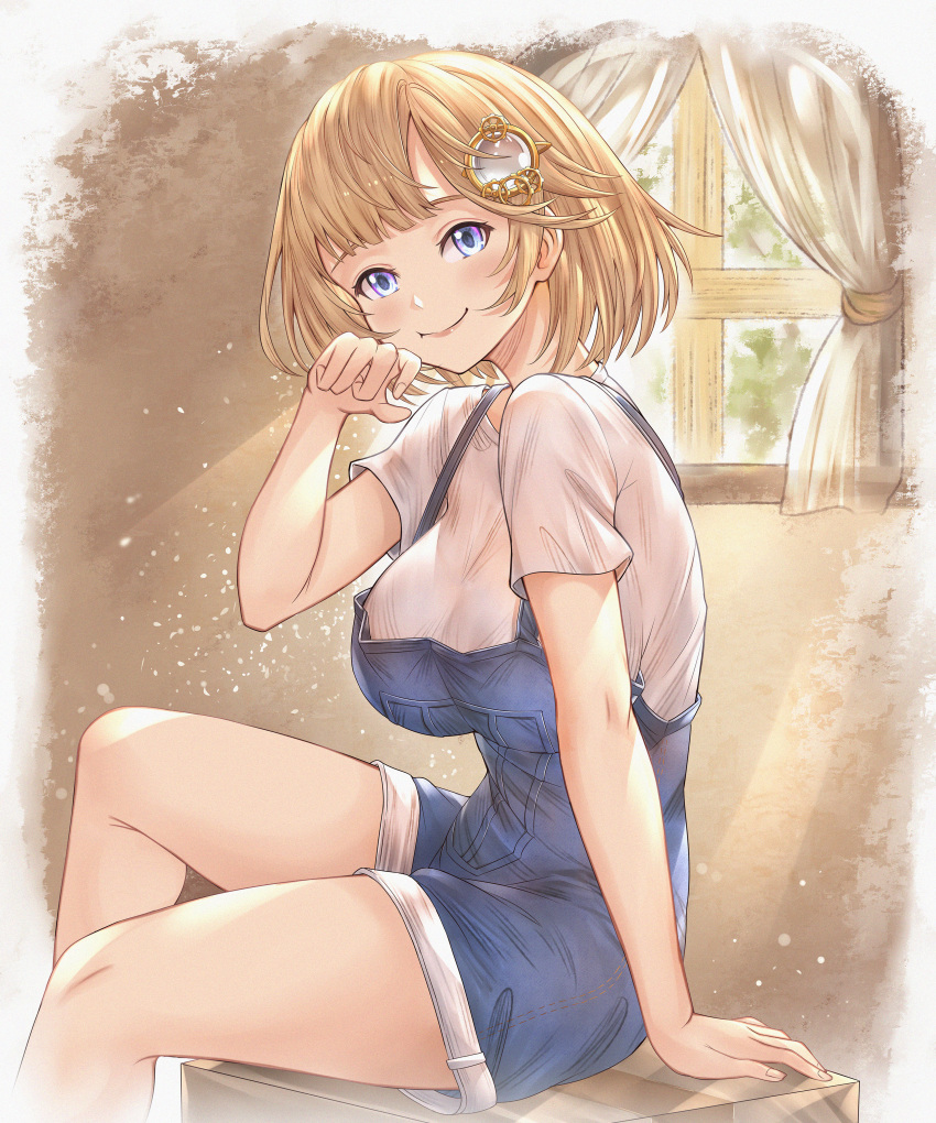1girl absurdres bangs blonde_hair blue_eyes breasts closed_mouth curtains feet_out_of_frame hair_ornament hand_up highres hololive hololive_english honkivampy large_breasts looking_at_viewer monocle_hair_ornament overall_shorts overalls shirt short_hair short_sleeves sitting smile solo watson_amelia white_shirt window