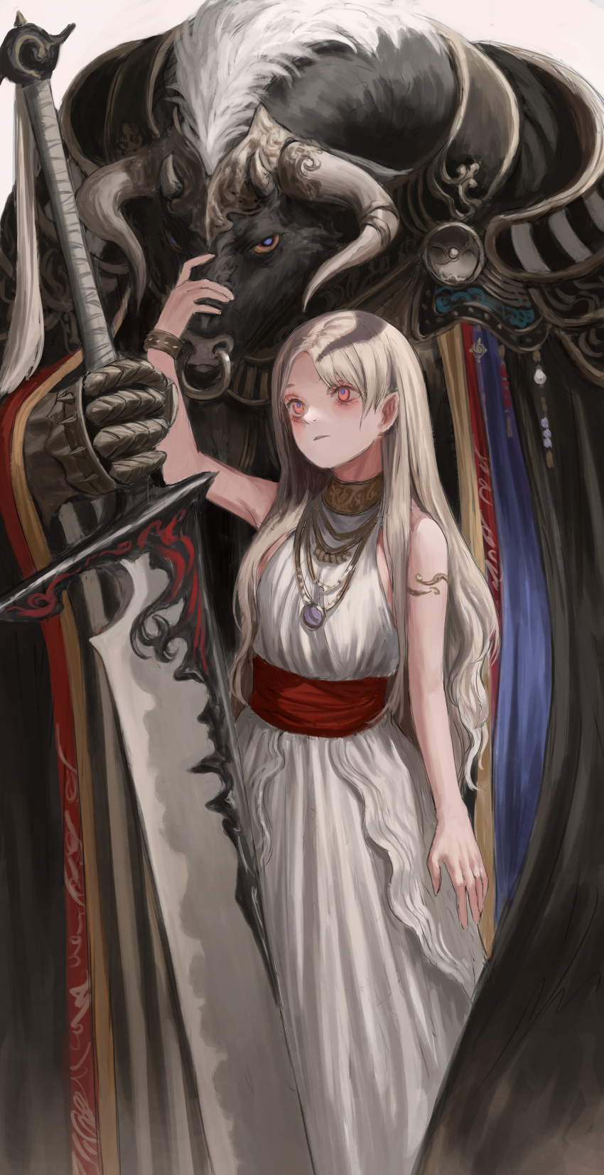 1girl absurdres animal_ears bare_shoulders closed_mouth collar cow_ears cow_horns dress gold_can highres holding holding_sword holding_weapon horns jewelry long_hair long_skirt minotaur nose_piercing nose_ring original piercing red_eyes skirt sleeveless sleeveless_dress sword very_long_hair weapon white_dress white_hair