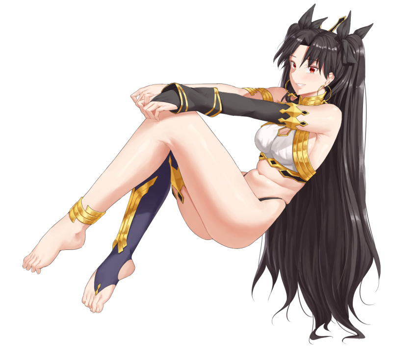 1girl bangs bare_shoulders black_hair black_ribbon blue_legwear breasts detached_sleeves earrings fate/grand_order fate_(series) feet full_body hair_ornament hair_ribbon ishtar_(fate) jewelry large_breasts long_hair long_sleeves looking_at_viewer midriff navel parted_bangs parted_lips red_eyes ribbon sarhce simple_background single_sleeve single_thighhigh smile solo thigh-highs thighs white_background