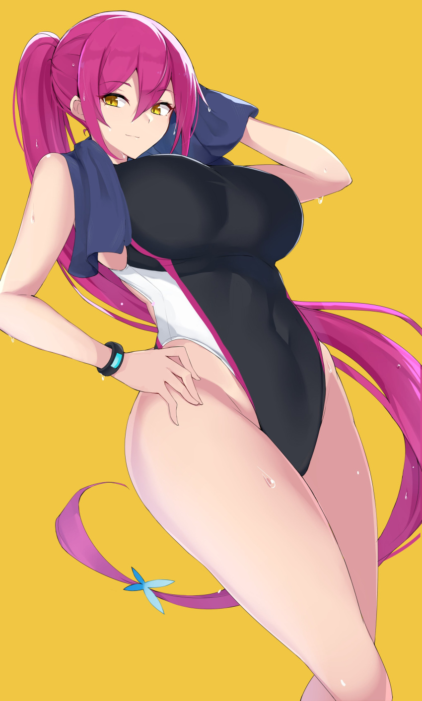 1girl absurdres black_swimsuit breasts character_request commission competition_swimsuit copyright_request cowboy_shot highleg highleg_swimsuit highres large_breasts long_hair looking_at_viewer maruyaa_(malya1006) one-piece_swimsuit purple_hair skeb_commission solo standing swimsuit towel wristband yellow_background yellow_eyes