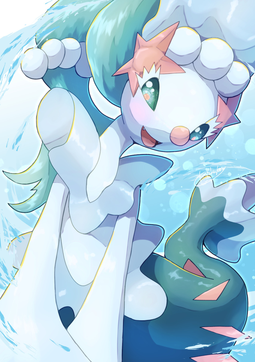 :d absurdres commentary_request fangs green_eyes highres no_humans open_mouth pokemon pokemon_(creature) primarina signature smile solo tanpakuroom tongue water