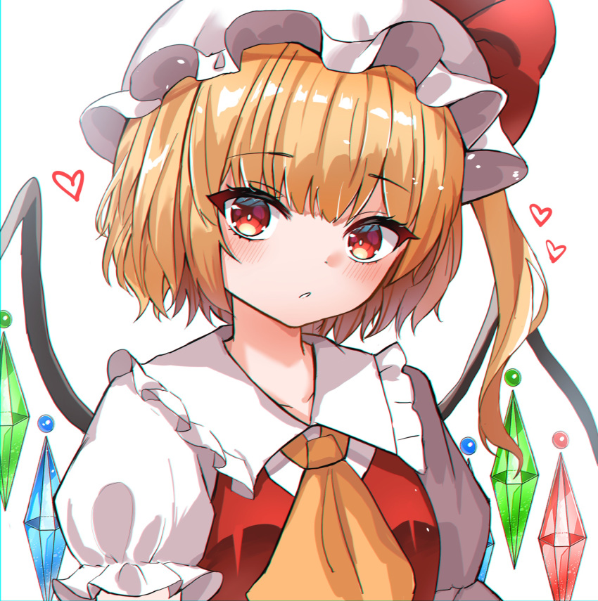 1girl blonde_hair blush bow crystal facing_viewer flandre_scarlet gem hat hat_ribbon highres kiui_(dagk8254) looking_at_viewer mob_cap red_bow red_eyes red_ribbon ribbon shirt short_hair simple_background smile solo touhou wings