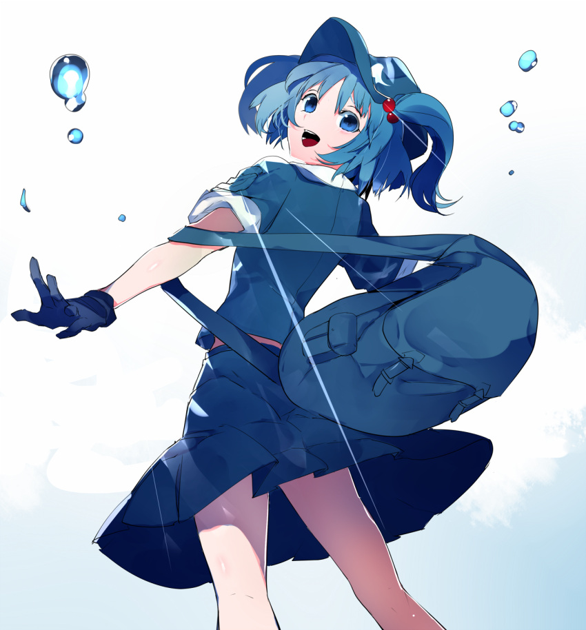 1girl backpack bag blue_eyes blue_hair cowboy_shot hair_bobbles hair_ornament hat highres ikurauni kawashiro_nitori open_mouth short_hair short_sleeves short_twintails sidelocks smile solo touhou twintails two_side_up white_background