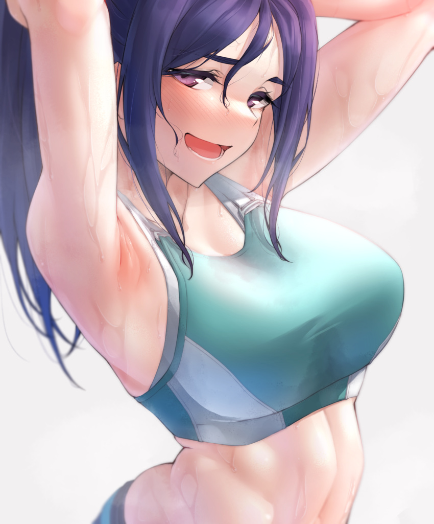 1girl :d arched_back armpits arms_behind_head arms_up bangs bare_arms bare_shoulders blurry blush breasts commentary_request depth_of_field eyebrows_visible_through_hair green_sports_bra grey_background hair_between_eyes half-closed_eyes highres large_breasts long_hair looking_at_viewer love_live! love_live!_sunshine!! lower_teeth matsuura_kanan messy_hair nasuno_(nasuno42) navel open_mouth ponytail purple_hair sidelocks simple_background smile solo sports_bra standing steaming_body stomach sweat teeth upper_body violet_eyes