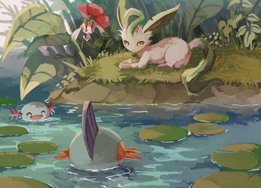 :d ^_^ bright_pupils brown_eyes closed_eyes day floette floette_(red) grass highres leafeon lily_pad lying marshtomp natsuha770 no_humans on_stomach open_mouth outdoors pokemon pokemon_(creature) smile twitter_username water watermark wooper