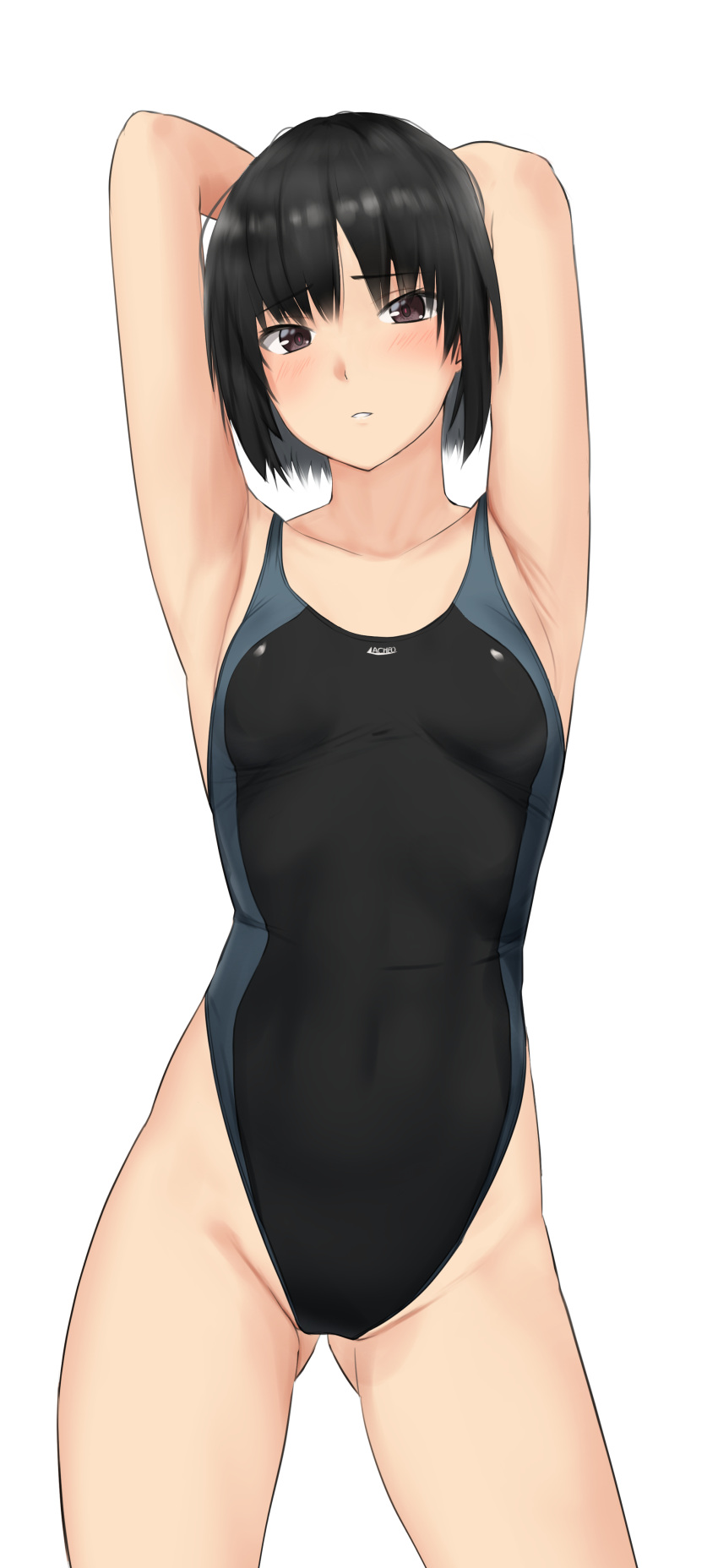1girl absurdres amagami animal_ears armpits arms_behind_head ass_visible_through_thighs black_eyes black_hair black_swimsuit bob_cut breasts competition_swimsuit cowboy_shot highres multicolored_clothes multicolored_swimsuit nanasaki_ai one-piece_swimsuit presenting_armpit short_hair simple_background small_breasts solo swimsuit white_background ykh1028
