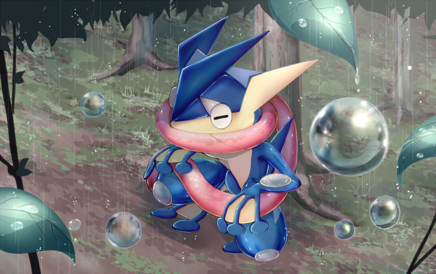 closed_eyes commentary_request daifuku_suke day full_body grass greninja leaf no_humans outdoors pokemon pokemon_(creature) rain solo squatting tongue tree water_drop