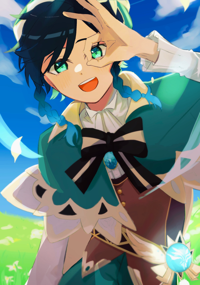 1boy androgynous bangs beret black_hair blue_hair blurry blurry_background blush bow braid brooch cape clouds cloudy_sky collared_cape collared_shirt commentary_request corset day falling_leaves field flower frilled_sleeves frills gem genshin_impact gradient_hair green_cape green_eyes green_headwear hat hat_flower highres himemiya-y jewelry leaf long_sleeves looking_at_viewer male_focus multicolored_hair ok_sign open_mouth outdoors shirt short_hair_with_long_locks side_braids sidelocks sky smile solo twin_braids venti_(genshin_impact) vision_(genshin_impact) white_flower white_shirt wind