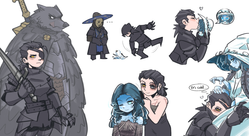 2boys 2girls absurdres armor black_hair blaidd_the_half-wolf blue_eyes blue_hair blue_skin cape cloak closed_mouth colored_skin cracked_skin dress elden_ring extra_arms extra_faces eyepatch fur_cloak furry gauntlets greatsword hat highres hug huge_weapon jewelry joints kiss long_hair looking_at_viewer mask miniature_ranni moreblack multiple_boys multiple_girls one_eye_closed ranni_the_witch smile sword tarnished_(elden_ring) weapon white_dress witch witch_hat wolf_boy yellow_eyes yuri