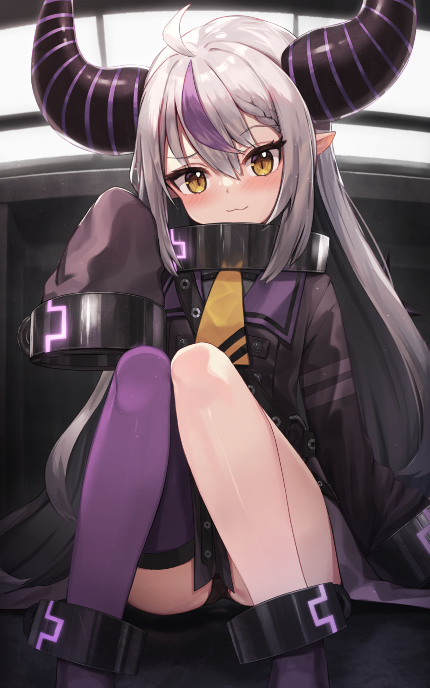 1girl :3 ahoge ankle_cuffs ascot bangs blush closed_mouth collar demon_horns dress eyebrows_visible_through_hair feet_out_of_frame hair_between_eyes highres hololive horns knees_together_feet_apart knees_up la+_darknesss long_sleeves metal_collar multicolored_hair pointy_ears purple_dress purple_hair purple_legwear silver_hair single_thighhigh sitting sleeves_past_fingers sleeves_past_wrists solo streaked_hair thigh-highs virtual_youtuber woogi_(duguddnr) yellow_ascot yellow_eyes