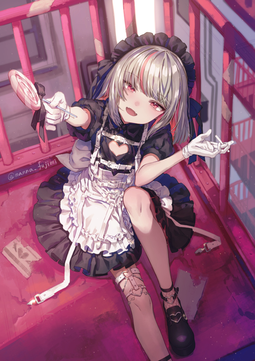 1girl 778-go alternate_costume apron black_footwear candy cleavage_cutout clothing_cutout enmaided eyebrows_visible_through_hair food frills grey_hair highres indoors looking_at_viewer maid maid_apron maid_headdress makaino_ririmu multicolored_hair nijisanji open_mouth pink_hair red_eyes short_sleeves smile solo streaked_hair two-tone_hair virtual_youtuber