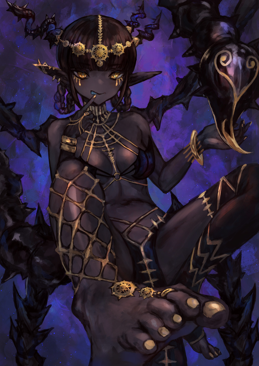 1girl absurdres barefoot black_hair blue_tongue breasts colored_tongue dark_skin demon demon_girl fishnet_legwear fishnets hair_ornament hair_rings highres horns jewelry looking_at_viewer original pointy_ears sabamisob small_breasts smile solo tan yellow_eyes yellow_nails