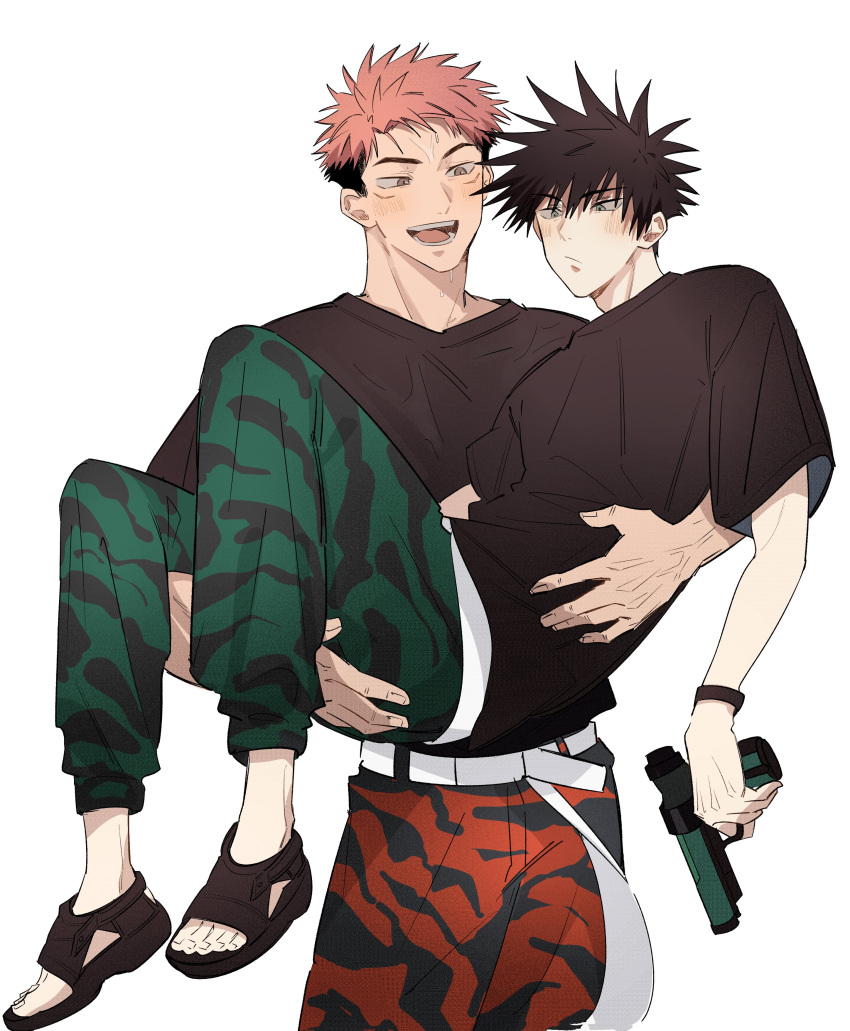 2boys :d absurdres bangs belt black_hair black_shirt blush brown_eyes carrying closed_mouth facial_mark full_body fushiguro_megumi green_eyes green_pants hair_between_eyes highres holding holding_water_gun itadori_yuuji jujutsu_kaisen multiple_boys pants pink_hair princess_carry print_pants red_pants sandals shirt short_hair short_sleeves simple_background smile somwang_07 spiky_hair symbol-only_commentary undercut water_gun wet white_background