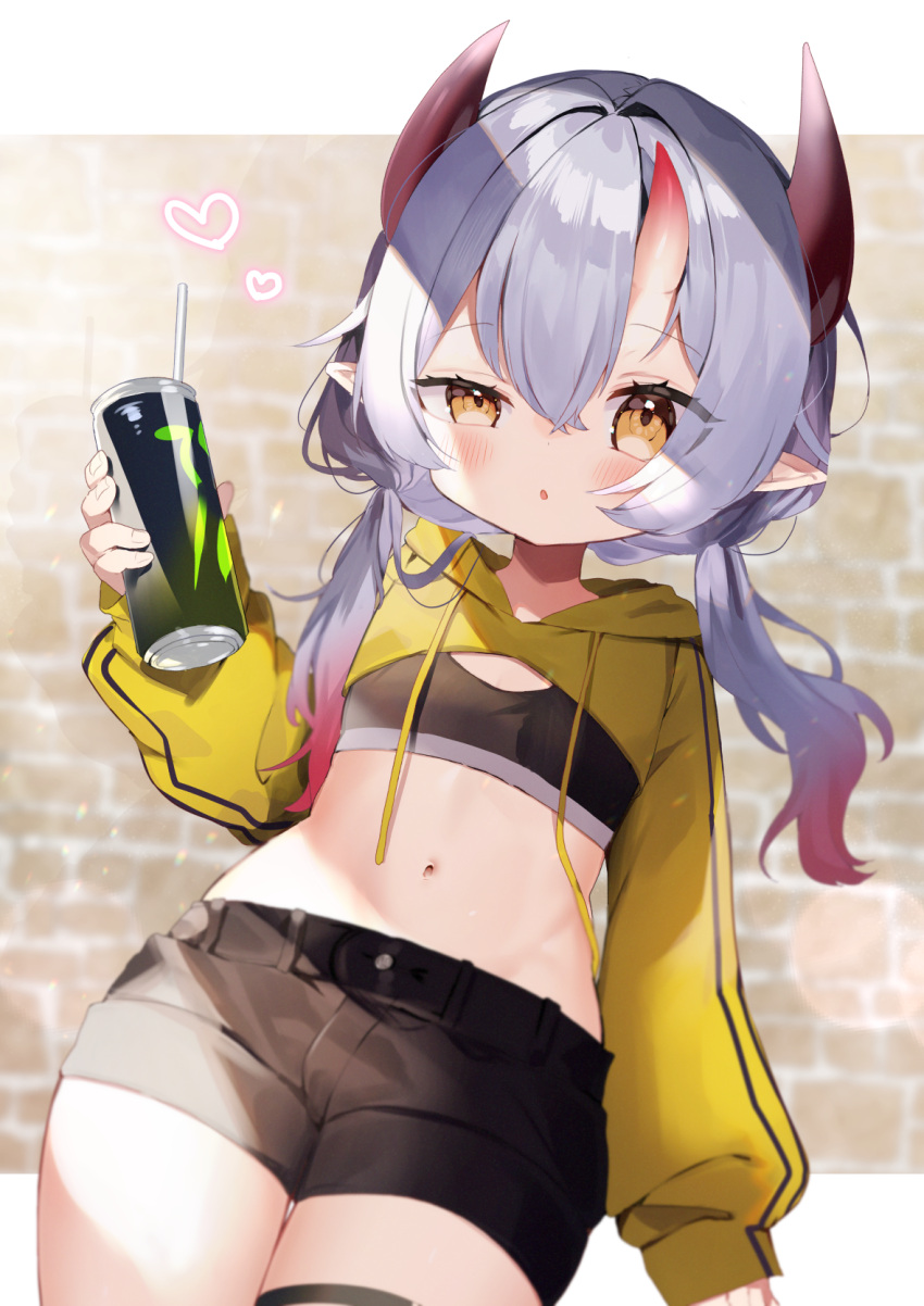 1girl black_shorts can cowboy_shot demon_girl demon_horns drawstring drinking_straw flat_chest gradient_hair heart highres holding holding_can hood hoodie horns looking_at_viewer midriff monster_energy multicolored_hair navel noi_mine original pointy_ears red_horns redhead short_shorts shorts silver_hair solo sports_bra stomach thigh_strap uneven_eyes yellow_eyes yellow_hoodie