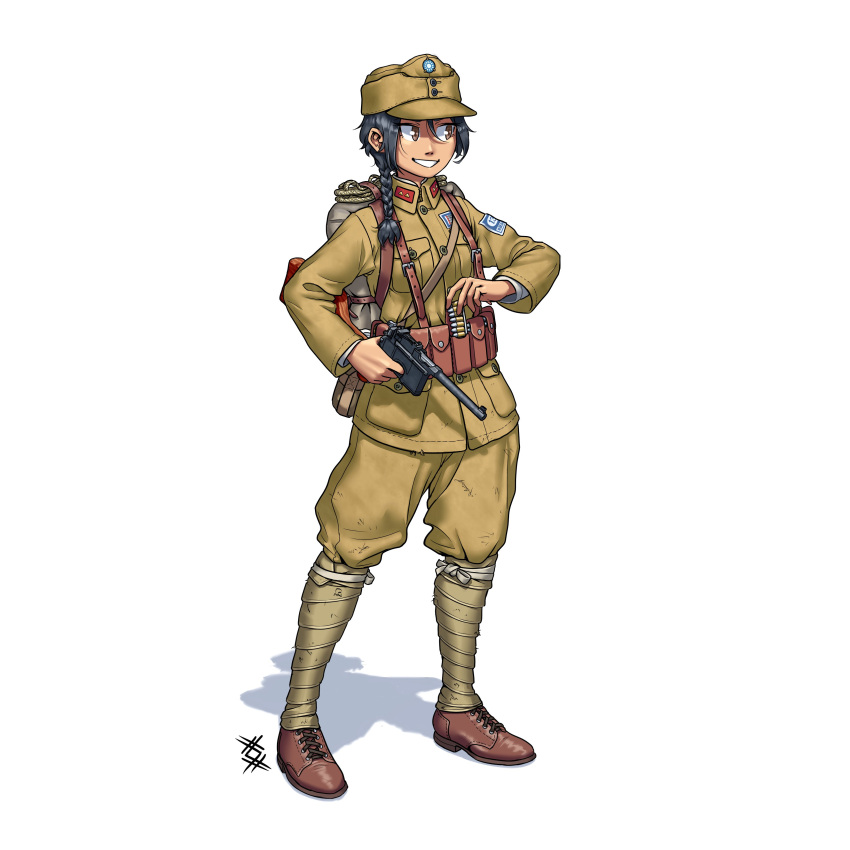 1girl absurdres ammunition_pouch backpack bag braid china gun handgun hat highres holding holding_gun holding_weapon leg_wrap long_hair magazine_(weapon) mauser_c96 military military_uniform original ostwindprojekt peaked_cap pistol pouch short_hair simple_background single_braid smile soldier solo uniform weapon white_background world_war_ii