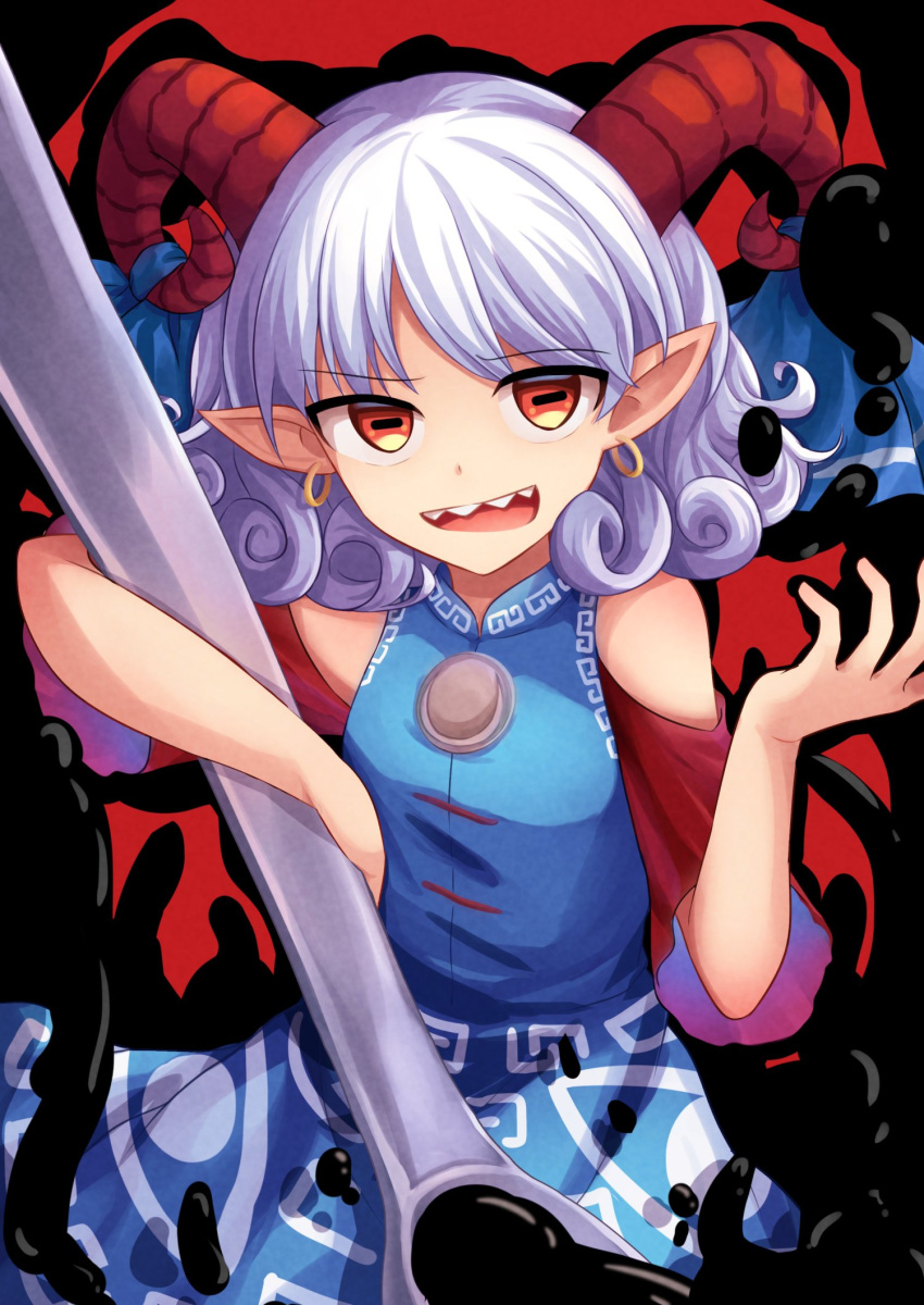 1girl blood blue_dress commentary_request curly_hair detached_sleeves dress earrings eye_print highres holding_spork horizontal_pupils horn_ornament horn_ribbon horns jewelry meandros oversized_object patterned_clothing pointy_ears rectangular_pupils red_eyes red_horns red_sleeves ribbon sharp_teeth sheep_horns spork teeth touhou toutetsu_yuuma utensil white_hair yu_cha