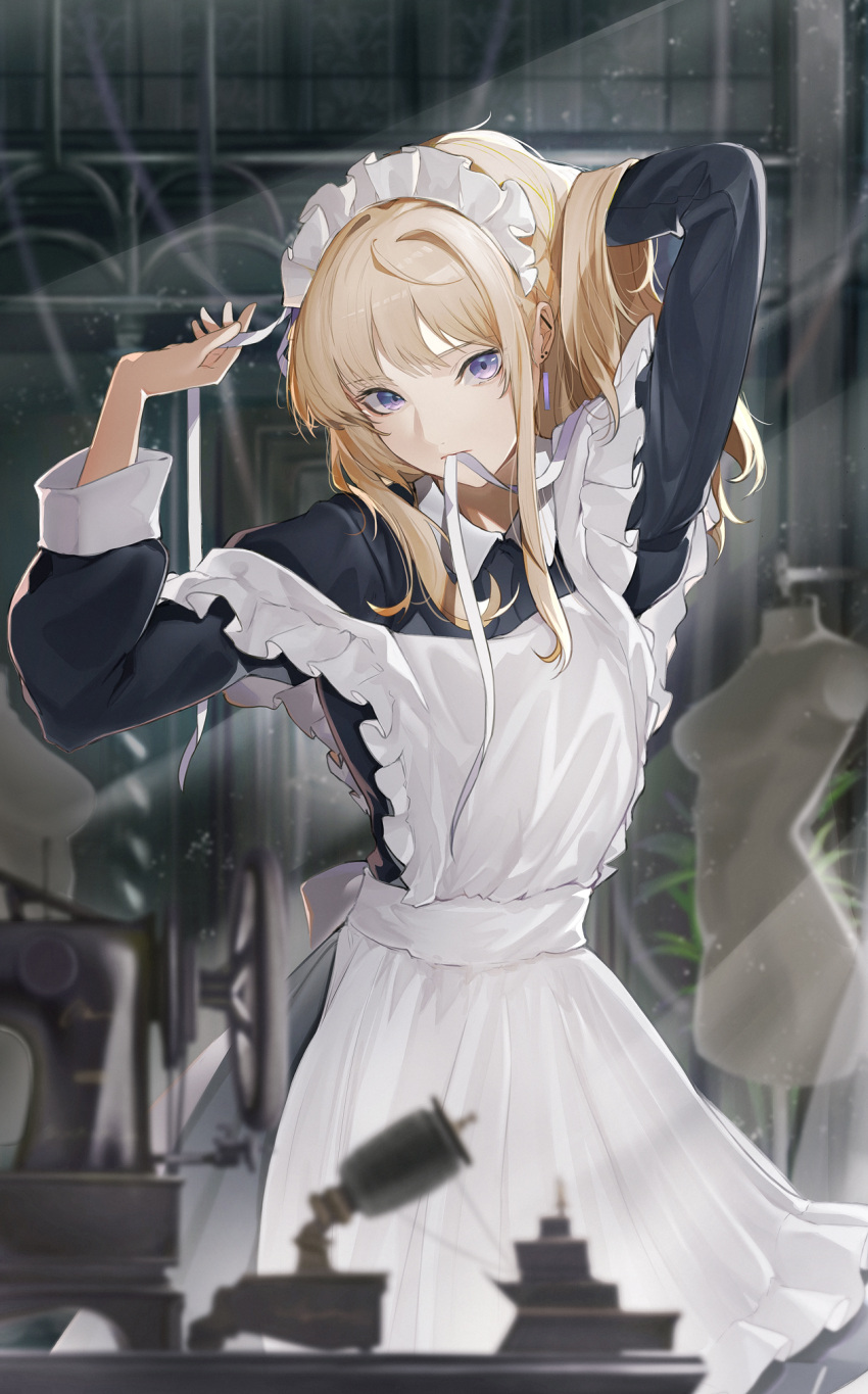 1girl apron arms_up black_dress blonde_hair blue_eyes closed_mouth cowboy_shot dress ear_piercing highres indoors light_particles light_rays long_hair long_sleeves looking_at_viewer maid maid_headdress mannequin marumoru mouth_hold original piercing sewing_machine solo tying_hair white_apron