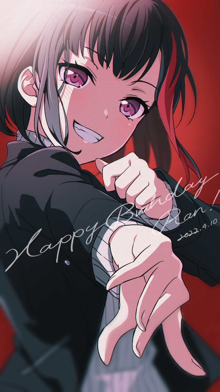 1girl absurdres bang_dream! bangs black_hair black_jacket blurry character_name commentary dated depth_of_field eyebrows_visible_through_hair fang gradient gradient_background grin hands_up happy_birthday head_tilt highres jacket light_blush long_sleeves looking_at_viewer mitake_ran multicolored_hair nobusawa_osamu open_clothes open_jacket outstretched_arm reaching_out red_background redhead ribbed_sweater short_hair smile solo streaked_hair sweater two-tone_hair upper_body violet_eyes white_sweater