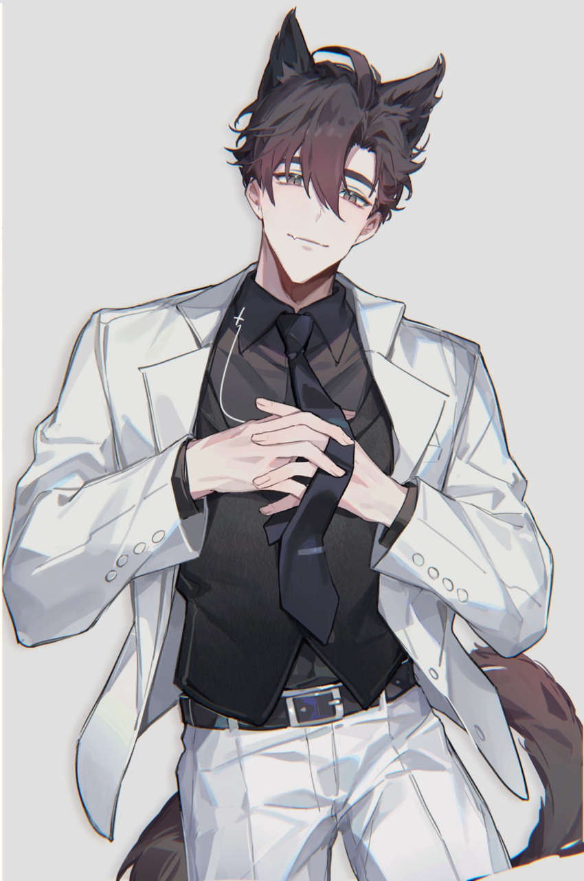 1boy animal_ears bangs belt black_belt black_necktie black_shirt brown_eyes brown_hair buried_stars buttons cat_boy cat_ears cat_tail closed_mouth collared_shirt commentary cowboy_shot cross fang fang_out formal grey_background hair_between_eyes highres jacket layered_sleeves lee_gyu-hyuk long_sleeves looking_at_viewer male_focus necktie own_hands_clasped own_hands_together pants shirt short_hair simple_background smile solo suit suit_jacket symbol-only_commentary tail white_jacket white_pants white_suit yusa_(yusa0751)