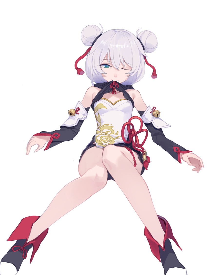 1girl absurdres bangs bare_shoulders black_shorts black_sleeves blue_eyes chinese_clothes closed_mouth double_bun full_body gen_(bividgen) half-closed_eyes highres honkai_(series) honkai_impact_3rd looking_at_viewer one_eye_closed shorts simple_background sleeveless smile solo theresa_apocalypse theresa_apocalypse_(valkyrie_pledge) white_background white_hair
