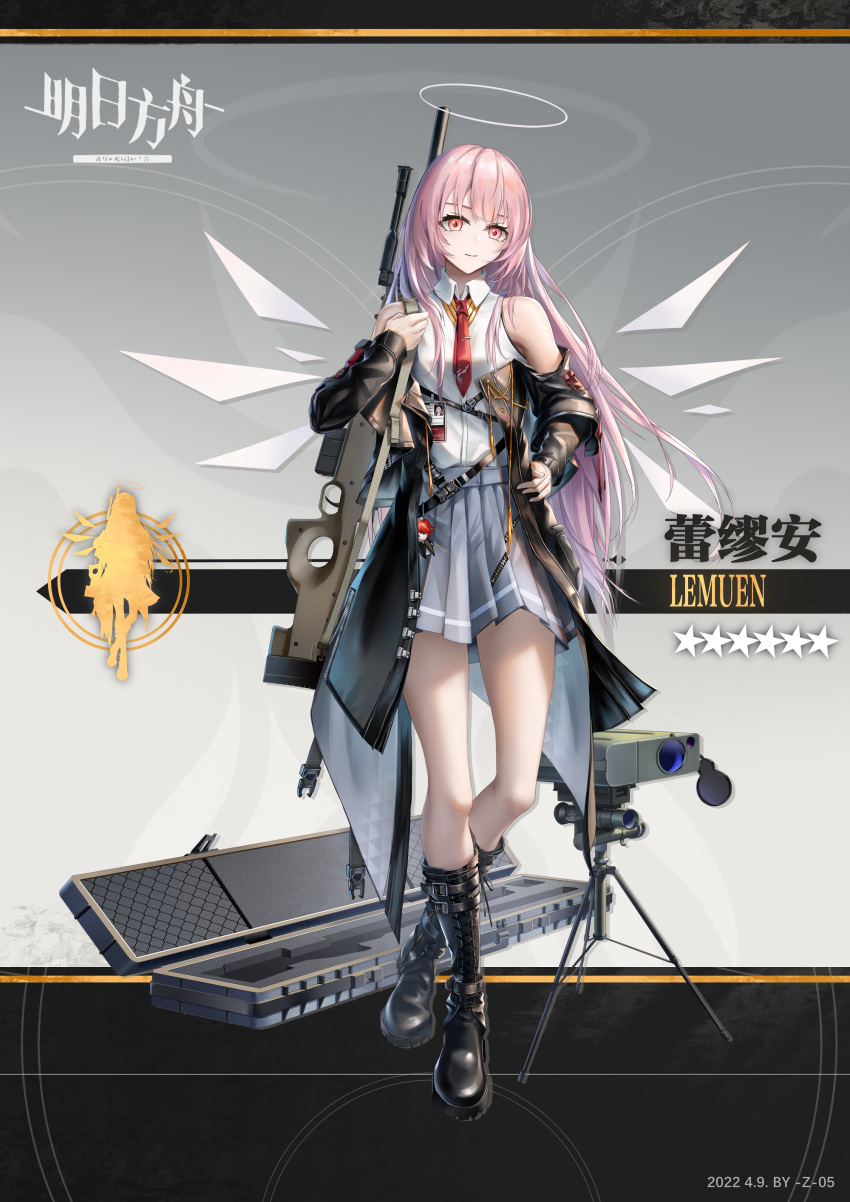 1girl absurdres arknights artist_name bare_shoulders black_coat black_footwear boots character_doll character_name chinese_commentary closed_mouth coat collared_shirt commentary_request dated detached_wings energy_wings exusiai_(arknights) full_body gradient gradient_background grey_background grey_skirt gun halo highres knee_boots lemuen_(arknights) long_hair long_sleeves looking_at_viewer miniskirt necktie open_clothes open_coat pink_hair pleated_skirt red_eyes red_necktie rifle shirt skirt smile sniper_rifle solo standing star_(symbol) very_long_hair weapon weapon_case white_shirt wings