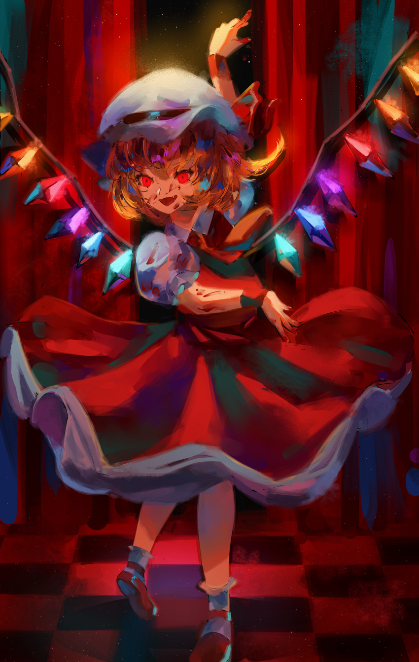 1girl :d absurdres ascot blonde_hair crystal curtains fang flandre_scarlet hat hat_ribbon highres mary_janes mob_cap one_side_up open_mouth perspective puffy_sleeves red_eyes ribbon shoes short_hair sinkoart skin_fang skirt smile solo tile_floor tiles touhou wings