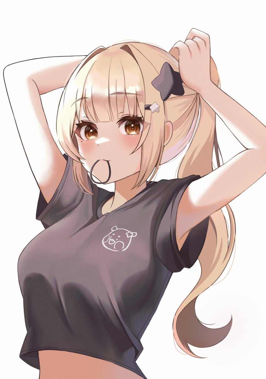 1girl absurdres armpit_peek armpits arms_up bare_arms black_shirt blonde_hair breasts brown_eyes crop_top crop_top_overhang doongdang hair_ornament hair_tie hair_tie_in_mouth hairclip highres long_hair looking_at_viewer medium_breasts midriff mouth_hold original ponytail shirt short_sleeves sidelocks simple_background solo stomach upper_body white_background