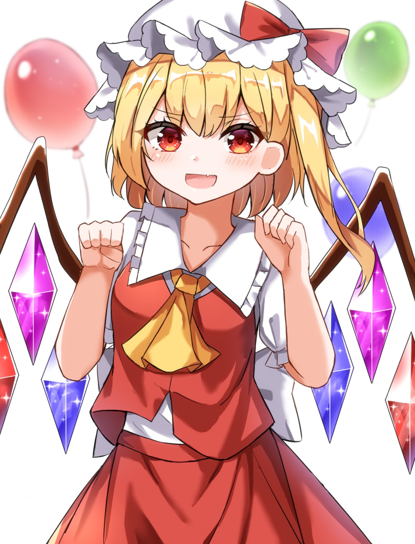 1girl ascot balloon blonde_hair blush bow crystal fang flandre_scarlet frilled_shirt frilled_shirt_collar frilled_skirt frilled_sleeves frills hat hat_ribbon highres kiui_(dagk8254) looking_at_viewer mob_cap puffy_short_sleeves puffy_sleeves red_bow red_eyes red_skirt red_vest ribbon shirt short_hair short_sleeves side_ponytail simple_background skirt smile solo touhou vest wings yellow_ascot
