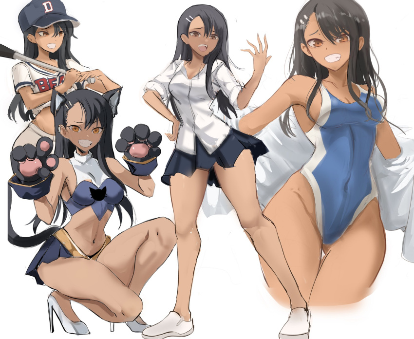 1girl animal_ears animal_hands asymmetrical_bangs bangs baseball_bat baseball_cap black_hair breasts brown_eyes cat_ears cat_paws collage dark-skinned_female dark_skin fang grin hair_ornament hairclip hat highres ijiranaide_nagatoro-san nagatoro_hayase rakeemspoon simple_background skin_fang small_breasts smile solo tan tanlines teenage white_background young