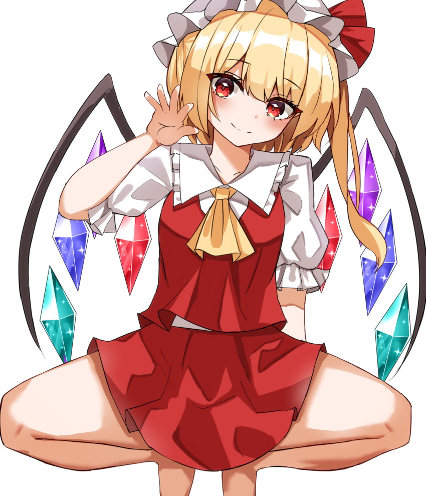 1girl ascot barefoot blonde_hair blush bow crystal flandre_scarlet frilled_shirt frilled_shirt_collar frilled_skirt frilled_sleeves frills hat hat_ribbon highres kiui_(dagk8254) looking_at_viewer mob_cap red_bow red_eyes red_skirt red_vest ribbon shirt short_hair simple_background skirt smile solo spread_legs squatting touhou vest wings yellow_ascot