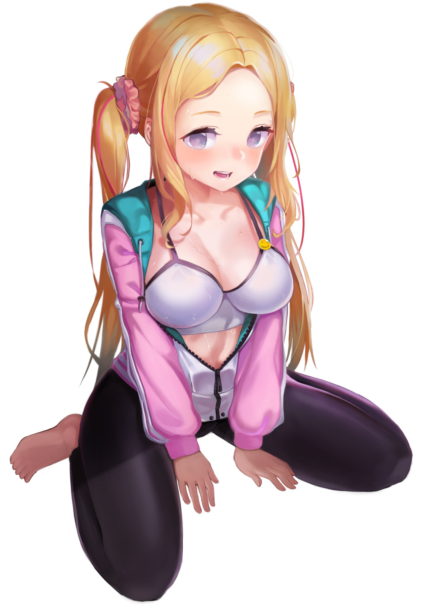 1girl adella_(some_some_convenience_store) barefoot bikini bikini_top_only black_legwear blonde_hair blush breasts hair_ornament hair_scrunchie highres jacket large_breasts leggings long_hair long_sleeves looking_at_viewer multicolored_hair navel open_clothes open_jacket open_mouth pink_jacket pink_scrunchie scrunchie simple_background sitting solo some_some_convenience_store streaked_hair sweat swimsuit taena unzipped very_long_hair violet_eyes wariza white_background white_bikini zipper zipper_pull_tab