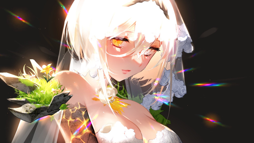1girl bad_id bad_twitter_id black_background breasts bridal_veil commission diseming flower glowing glowing_hair heterochromia highres korean_commentary light light_particles medium_breasts original short_hair solo upper_body veil white_eyes white_hair yellow_eyes