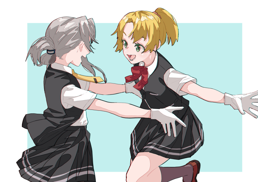 2girls asymmetrical_hair bangs black_skirt black_vest blonde_hair blue_eyes cowboy_shot eye_contact flipped_hair gloves itou_ebiko kantai_collection long_hair looking_at_another maikaze_(kancolle) multiple_girls necktie nowaki_(kancolle) outstretched_arms parted_bangs pleated_skirt ponytail school_uniform scrunchie short_hair silver_hair skirt smile swept_bangs vest white_gloves yellow_necktie